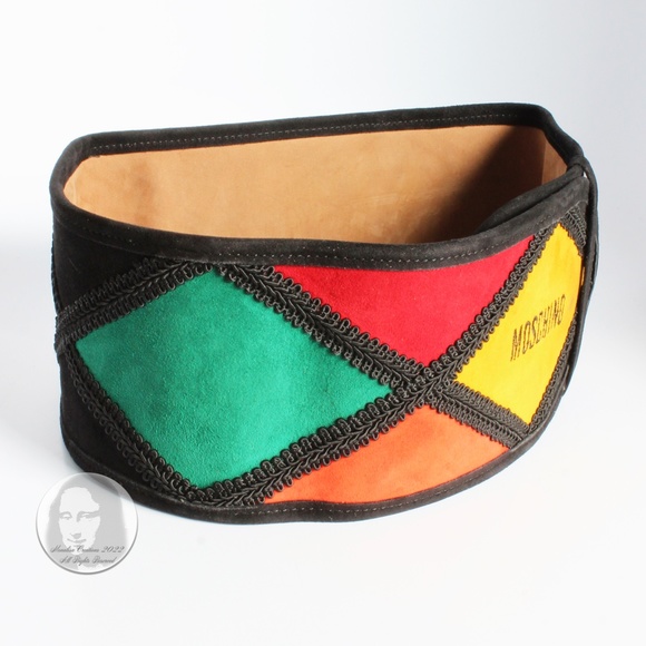 Moschino Wide Belt Suede Leather Harlequin Style Multicolor Rare Vintage 80s